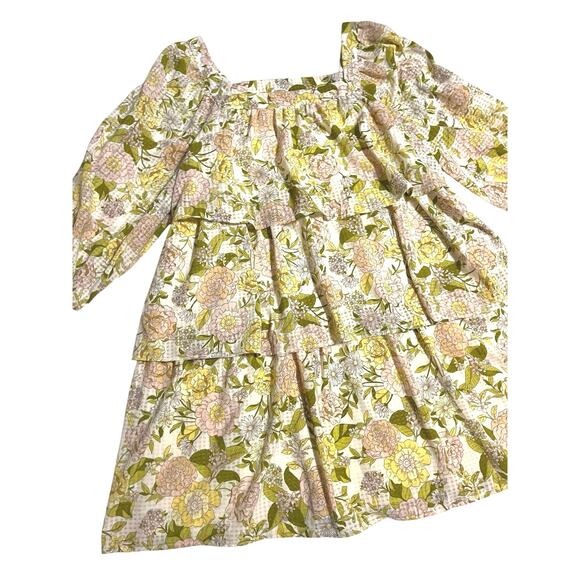 Who What Wear Floral Tier Layer Dress 3/4 Balloon Puff Sleeve Green Pink Large - Picture 2 of 9